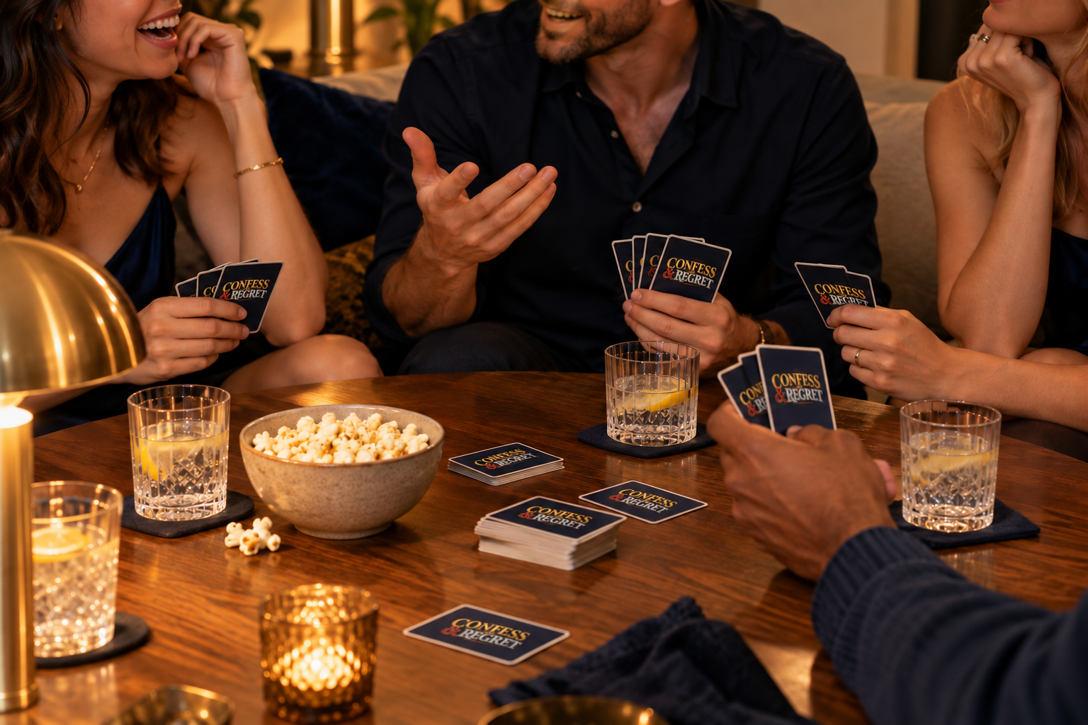 Illustrative game-night scene with friends holding Confess and Regret branded cards around a table with snacks