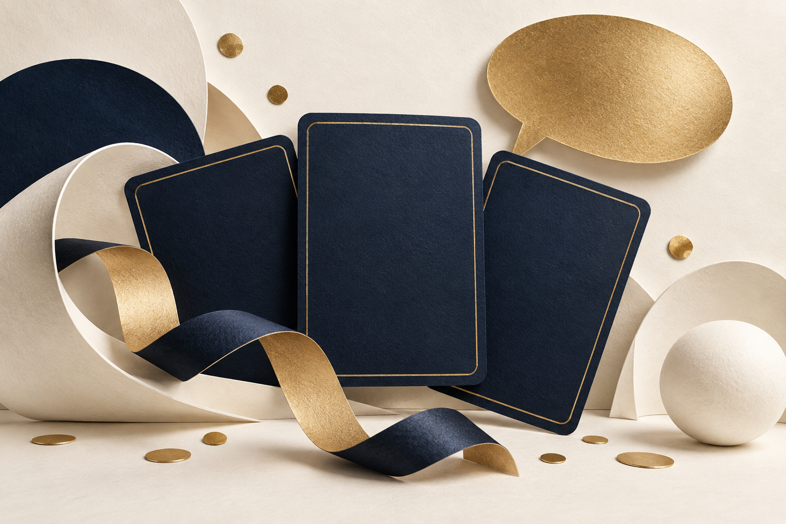 Original navy and gold paper artwork with blank cards and a speech bubble