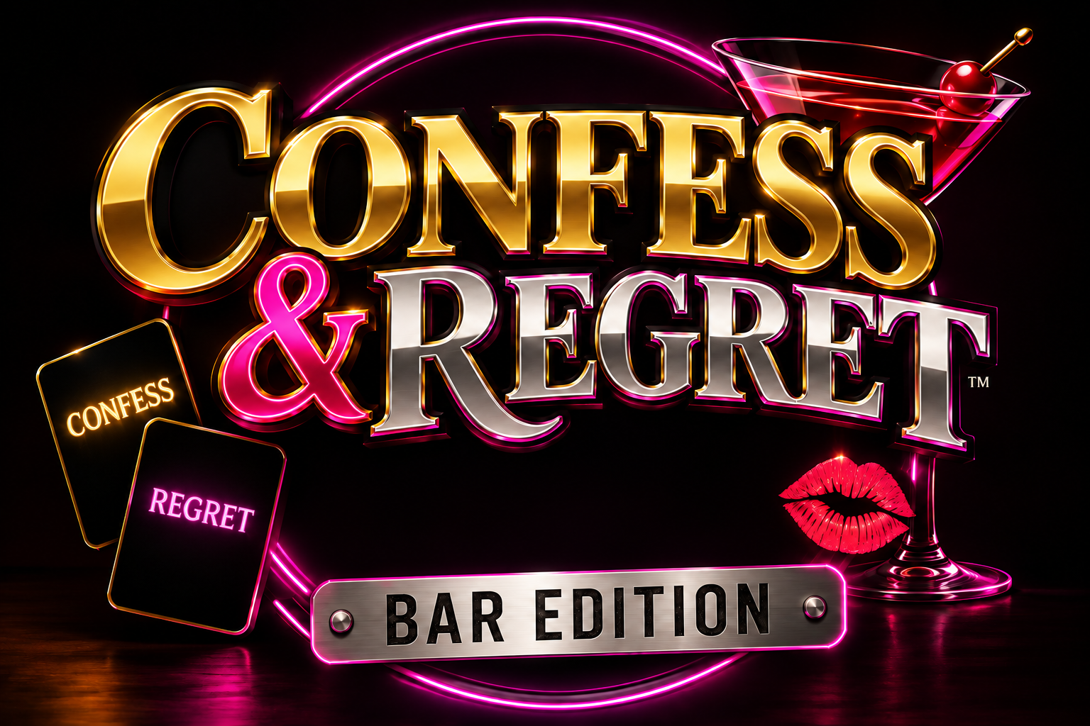 Confess & Regret™ Bar Edition logo with glossy gold and silver lettering, a cocktail glass and pink neon